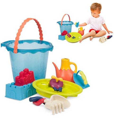 B. toys Sandspielzeug 9 Teile mit Eimer groß – Sandkasten Spielzeug, Strand, Spielplatz mit Schaufel, Sieb, Sandförmchen – Spielzeug ab 18 Monaten