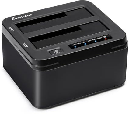Salcar Festplatten Docking Station, USB 3.0 Docking Station mit 2 Einschüben optimiert für 2,5 und 3,5 Zoll SATA HDD/SSD, Offline-Klonen Festplatten Dockingstation unterstützt 2x8TB, 5 Gbit/s