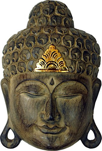 GURU SHOP Geschnitzte Buddha Maske mit Goldverzierung, Wandschmuck, Ethno Wanddekoration aus Balsaholz, Braun, Size:40 cm