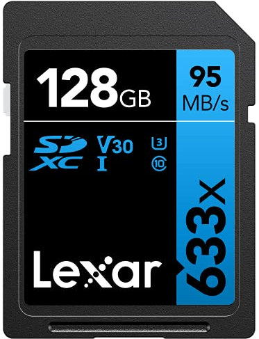 Lexar Profesional 633x Tarjeta SD 128 GB, Tarjeta SDXC UHS-I, Hasta 95 MB/s de Lectura, para DSLR de gama media, Videocámara HD, Cámara 3D (LSD128GCB1EU633)