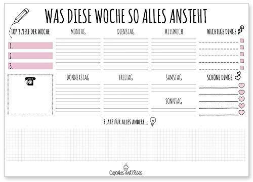 CUPCAKES & KISSES® Schreibtischunterlage zum abreißen I DIN A3 I Papier I weiß & rosa I Schreibunterlage für Kinder & Erwachsene I To-Do Liste