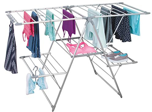 Séchoir à linge argenté mDesign - idéal comme étendoir, séchoir parapluie, étendant, séchoir à lessive - pliable, beaucoup de surfaces de rangement