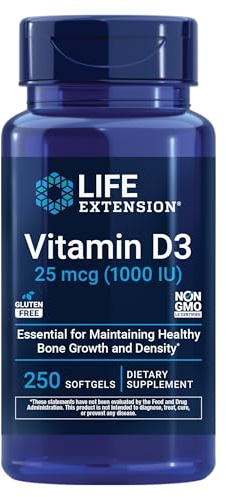 Life Extension Vitamin D3 25 mcg (1000 IU), Immune System Support, Bone Health, Whole-Body Health, Value Size, Gluten-Free, Non-GMO, 250 softgels