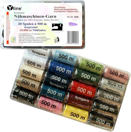 Set di filo da cucito in poliestere, per macchine da cucire, colori assortiti, 20 bobine da 500 m, 1020