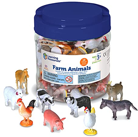 Learning Resources Figuras de Animales de la Granja, 60 Piezas, Animales Realistas para Contar, Clasificar y Juego Imaginativo, Actividades Tempranas, con Cubo de Almacenaje, 3+ Años