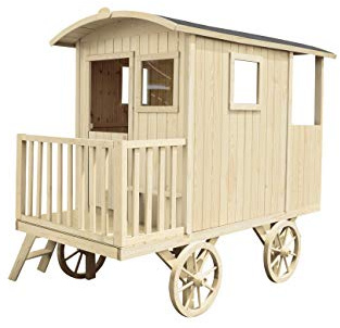 SOULET Carry Wooden Shepherds Hut Playhouse for Kids - 6x8 FT - Eco-Friendly Outdoor Children's Hut with Waterproof Roof, Polycarbonate Glazing, and Decorative Wheels