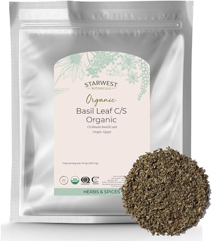 Starwest Botanicals Organic Basil Leaves - Dried Sweet Basil Leaf, Herb for Seasoning Blends & Cooking, Cut & Sifted, Certified Kosher, Non-GMO - Bulk 1 lb Bag