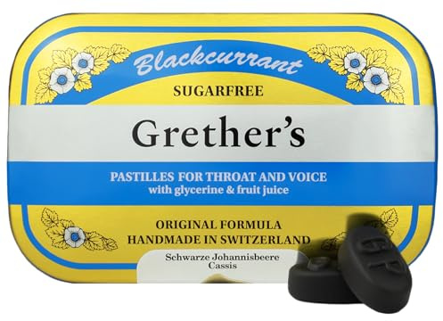 GRETHER'S Sugarfree Blackcurrant Pastilles - Premium Swiss Throat Lozenges for Dry Mouth & Throat Comfort – Rich in Vitamin C, Intense Fruit Flavor, Gluten & Lactose Free – 2.1 oz