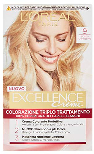 L’Oréal Paris Colorazione Triplo Trattamento Excellence, Con Acido Ialuronico, 100% Copertura Capelli Bianchi, Per Capelli Più Idratati, Biondo Chiarissimo (9)