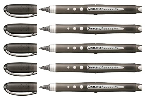 Stabilo Worker Colorful Tintenroller, flüssige Tinte, ergonomischer Griff, 0,5 mm, schwarz, 5 Stück