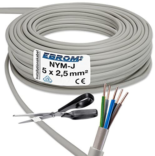 EBROM Câble gainé NYM-J 5 x 2,5 mm² - Câble d'installation pour pièces humides - Gris - Au choix par incréments de 5 mètres, coupé au mètre près - Votre sélection : NYM-J 5 x 2,5 mm², 30 mètres