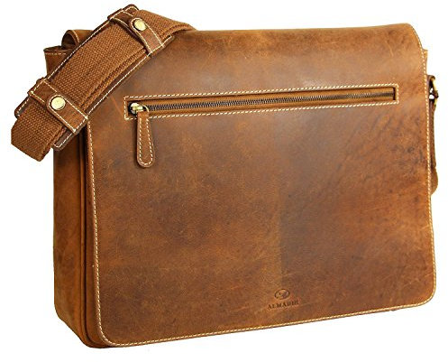 ALMADIH XL echt Leder Messenger 17 Laptop-Fach braun Vintage M28 Laptoptasche Aktentasche viele Fächer - Ledertasche Umhängetasche Businesstasche Lehrertasche Unitasche DIN A4 Schultertasche (JANNE)