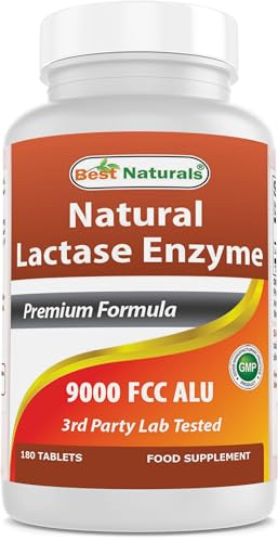Best Naturals Lactose Intolerance Relief Tablets with Natural Lactase Enzyme, Fast Acting High Potency Lactase, 9000 FCC ALU, 180 Count
