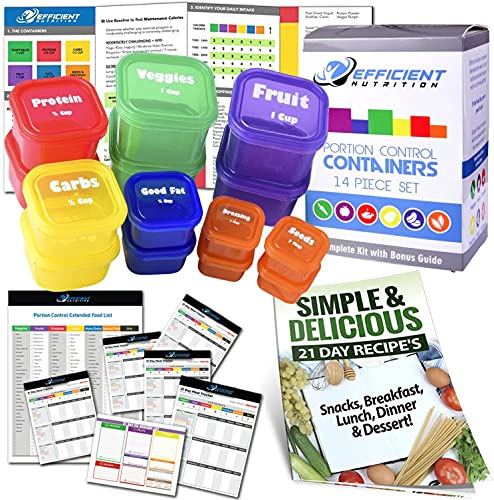 Efficient Nutrition Lot de 14 conteneurs de contrôle des portions avec guide complet (français non garanti) + planificateur de 21 jours + livre électronique de recettes sans BPA, système de
