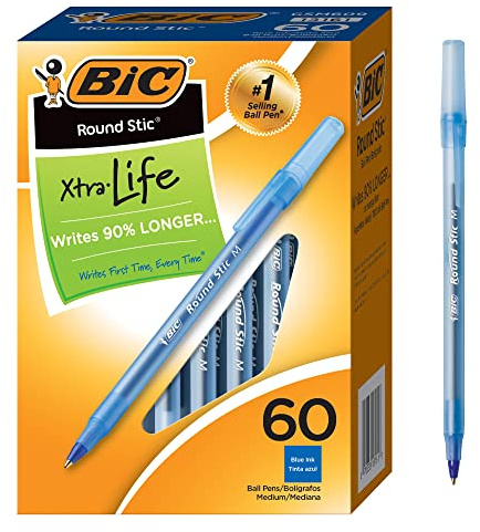 BIC Round Stic Xtra Life Ballpoint Pen with 1.0 mm Medium Point and Consistent Ink Flow, 60-Count in Blue Ink