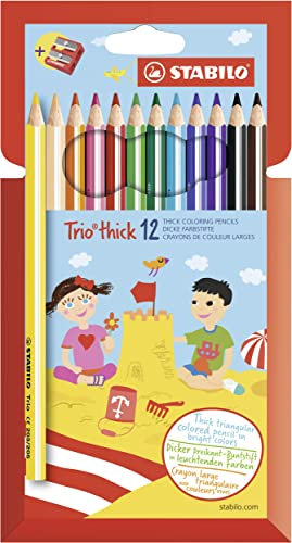 STABILO - Dreikant-Buntstift - Trio dick - 12er Pack - mit 12 verschiedenen Farben und Spitzer