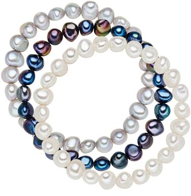 Valero Pearls Damen-Armband 3er Set Süßwasser-Zuchtperle weiß silber dunkelblau 19 cm - Perlenarmbänder mit echten Perlen