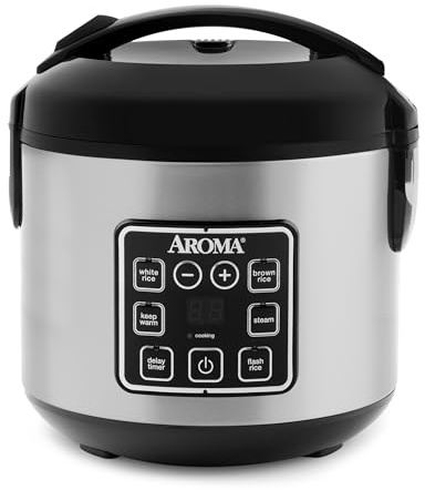 Aroma 8 Cup Stainless Steel Cool Touch Digital Rice/Multicooker/Food Steamer, Black