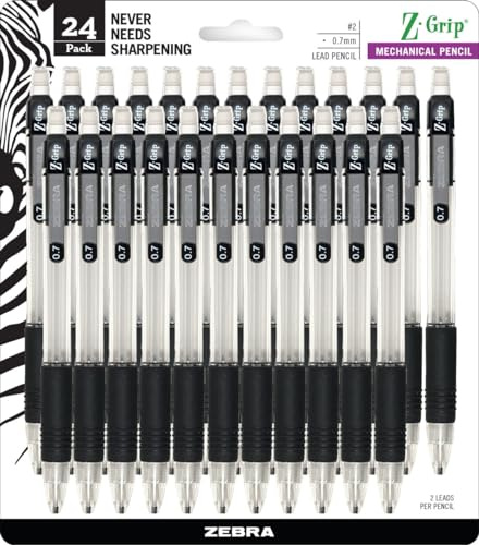 Zebra Pen, Z-Grip Mechanical Pencil, Smooth Writing, Latex-Free Grip, 0.7mm Lead, #2 HB, Pre-Loaded with Lead and Eraser, for School, Office, Everyday Use, Refillable, Clear Barrel, 24-Pack, (15241)