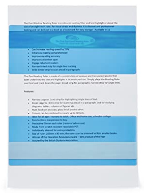 The Original Duo Reading Ruler Overlays - Sky (Pack of 10) by Crossbow Education UK - Dyslexia Aids and Visual Stress Specialists
