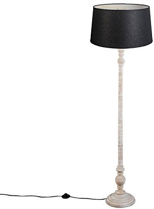 Qazqa - Klassisch I Antik Landhaus Stehlampe beige mit schwarzem Leinenschirm - Classico I Wohnzimmer I Schlafzimmer - Holz Zylinder I Länglich - LED geeignet E27