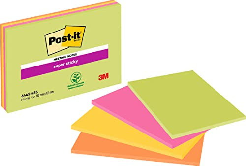 Post-it Super Sticky Large Notes, Packung mit 4 linierten Blöcken, 45 Blatt pro Block, 152 mm x 101 mm, Farben: Grün, Gelb, Orange, Pink, Haftnotizen für Notizen, To-Do-Listen und Erinnerungen