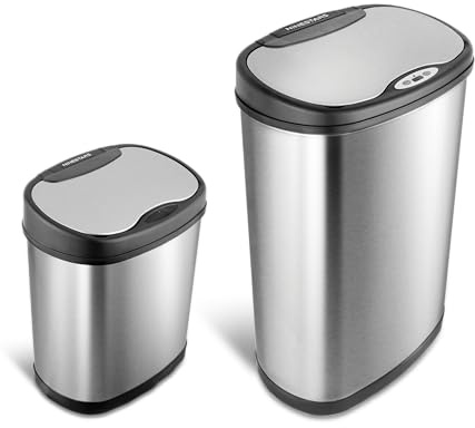 Ninestars Two-Piece Automatic Trash Can Combo Set, 13 Gal (50L) & 3 Gal (12L) Touchless Motion Sensor Garbage Cans with Odor-Sealing Lids, Matching Oval Stainless Steel, Black Trim