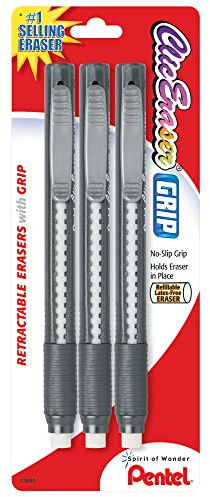 Pentel Clic Retractable Eraser with Grip, Assorted Barrel Colors, Pack of 3 (ZE21BP3K6)