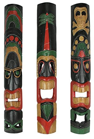 Zeckos Set of 3 Tiki Mask Wall Sculptures, Island Colors, 39 Inch