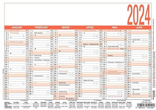 ZETTLER Arbeitstagekalender 2024, im Format A5 (21 x 14,8 cm), Halbjahresplaner mit 6 Monaten auf einer Seite, Kalender im Plakatformat