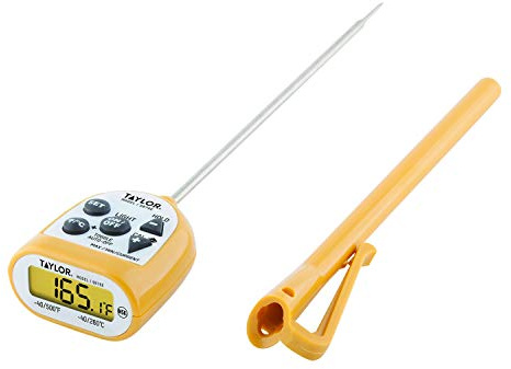 Taylor Compact Waterproof Digital Food Thermometer, 4.5 Inch Stem Length with an FDA Recommended 1.5mm Stepdown Probe Diameter and Amber Backlit LCD, HOLD, Min/Max; NSF, Yellow