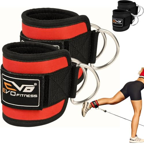 EVO PAIR Pulley Cable Machines Attachment Neoprene Ankle Cuff Gym Straps Weight Lifting Stainless Steel Ring Fitness Leg Workout Men Women [Sold as Pair]