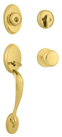 Kwikset Chelsea Front Door Lock Handle and Deadbolt Set, Entry Handleset Exterior with Interior Door Knob, Lifetime Polished Brass, Pick Resistant SmartKey Rekey Deadbolt Security