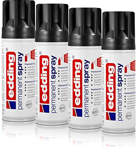 4x edding Permanent Spray tiefschwarz glänzend 200 ml Premium Acryllack, RAL 9005