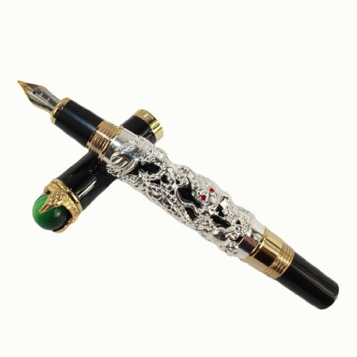 Gullor Luxury Silver Chinese Ming Dynasty Emperor Style Dragon Play Jade Ball Fountain Pen Medium nib