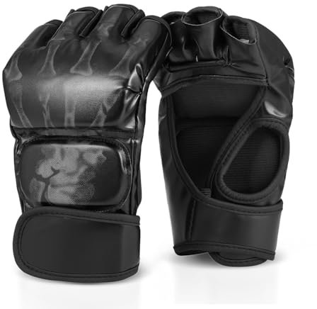 Flexzion MMA-Handschuhe- 8oz Grappling Muay Thai Martial Arts Kampf UFC Sparring Schlagen Boxen PU-Leder-Trainingshandschuhe mit Klettverschluss, EIN Paar für Erwachsene Männer, Schwarz