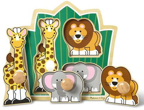 Melissa & Doug Jungle Friends Safari Animals Jumbo Knob Puzzle, Wooden Peg Puzzle for Toddlers, Educational Toy for Shape Recognition and Fine Motor Skills, Ages 1+