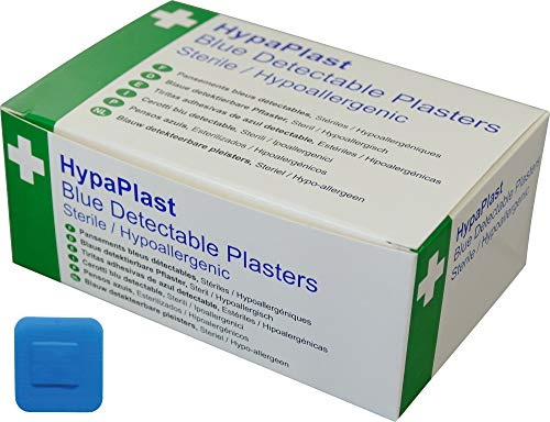 Safety First Aid HypaPlast Pack of 100 Metal Detectable Plasters | 3.8cm x 3.8cm - Blue Sterile and Hypoallergenic Plasters for Catering