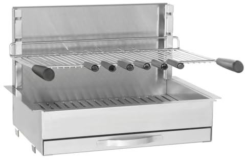 Forge Adour – Barbecue Inox 66 cm Charbon de Bois, Gril 961.66 Tout Inox 304, Bac à Braises Horizontal, 8 Brochettes Incluses, À Poser ou Encastrer, Garantie 2 Ans