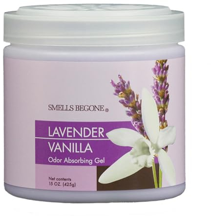 SMELLS BEGONE 15oz Gel Odor Eliminator - Absorb & Remove Tough Odors in Pet Areas, Bathrooms, Basements, Garage, Cars, RVs & Boats - Eliminate Odors Quickly (1-Pack, Lavender Vanilla)