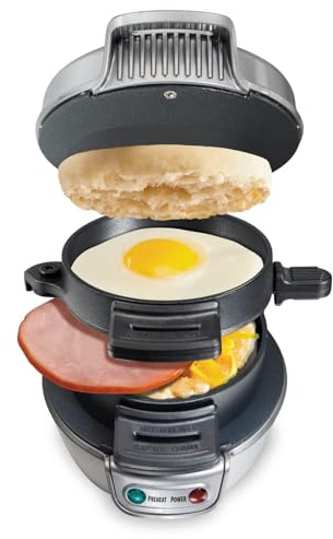 Hamilton Beach Breakfast Sandwich Maker with Egg Cooker Ring, Customize Ingredients, Perfect for English Muffins, Croissants, Mini Waffles, Perfect White Elephant Gifts, Silver (25475)