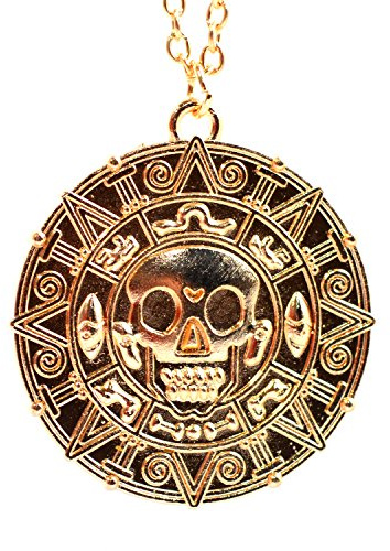 Ciondolo a forma di moneta / medaglione azteco con teschio, stile Pirati dei Caraibi, base metal, colore: Gold