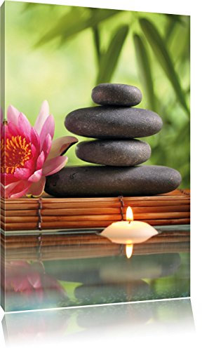 Pixxprint Seerose mit Zen Steinen und Kerzen, Größe: 80x60cm, Leinwandbild, fertig gespannt, Wandbild, Dekoration, Kunstdruck, kein Poster