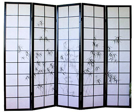 Paravent Japonais en Bois Noir Dessin Bambou de 5 pans -PEGANE-