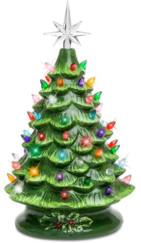Best Choice Products 15in Ceramic Christmas Tree, Pre-lit Hand-Painted Tabletop Holiday Tree, Star Topper, 64 Lights - Green w/Multicolored Bulbs