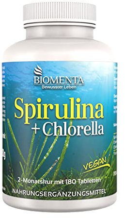 BIOMENTA Spirulina + Chlorella - 180 hochdosierte Algen Tabletten mit je 1.500mg Pulver beider Mikroalgen/Tagesverzehr - vegan – Premiumqualität