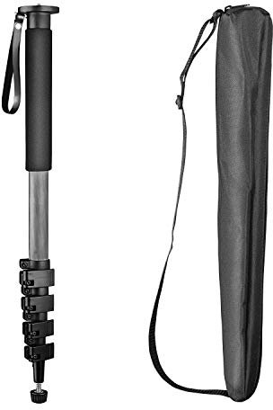 Mantona Basic UNA 44C - Monopié de Carbono monopié de Carbono, Altura máxima 182 cm, Carga de 8 kg, Ligero, Estable y práctico, con Espiga, Correa de Mano + Bolsillo para cámaras DSLR y DSLM