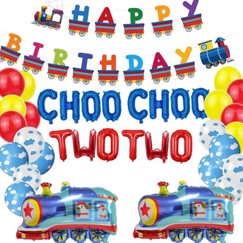 SKIRUP Choo Choo Two Two Party Decorations for 2 Years Old Boys, Train Balloon Theme Birthday Party Supplies, Happy Birthday Train Banner, Cloud Latex Balloons, Train Foil Balloons