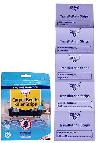 Zero In Carpet Beetle & Moth Killer Strip - 20-Pack Place in Wardrobes, Cupboards and Drawers to Kill Moths, Eggs and Larvae Fragranced