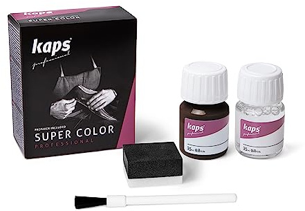 Kaps Dye Super Color + Preparera (25 ml vardera), Professionell läderfärg för Naturläder, Konstläder och Tyg, För näring och Reparation av Läderskor i Olika Färger (174 - Mörkbrun)